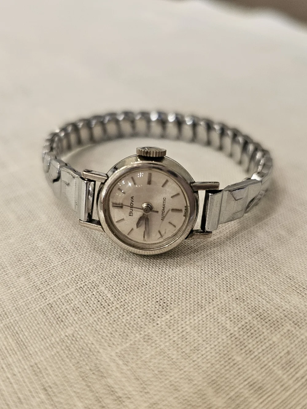 Vintage 60's Bulova Women's Manual Watch - Silver Tone 3 Hand Strech Band- Works